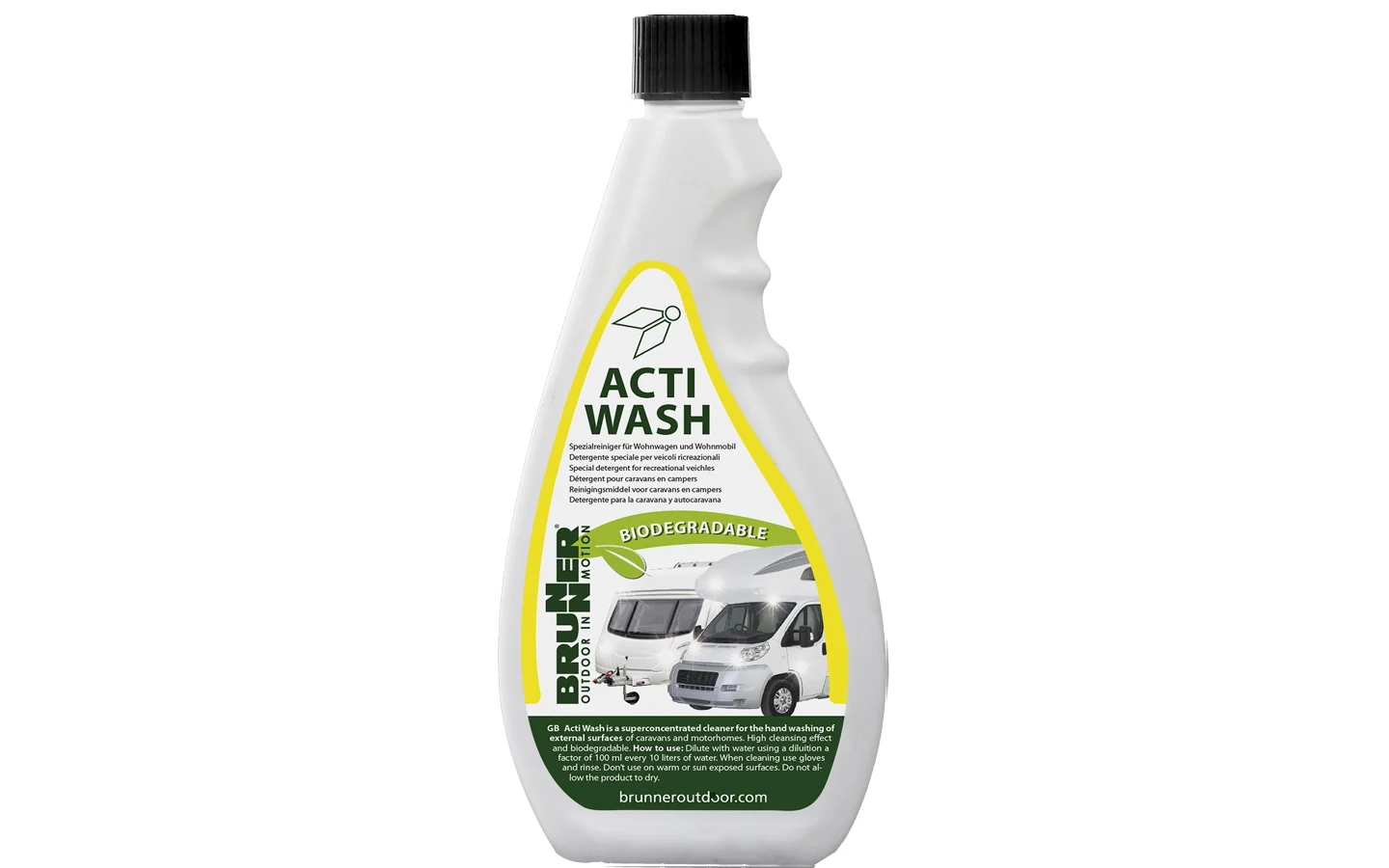 BRUNNER DETERGENTE ACTI-WASH 500ml Detergente superconcentrato per il lavaggio manuale della carrozzeria di camper, caravan ed autoveicoli.