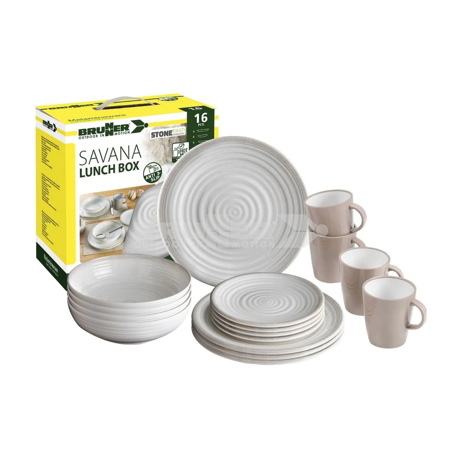 BRUNNER LUNCH BOX SAVANA SET PIATTI E TAZZE COMPOSTO DA 16 PEZZI IN RESISTENTE MELAMINA CON FONDO ANTISCIVOLO