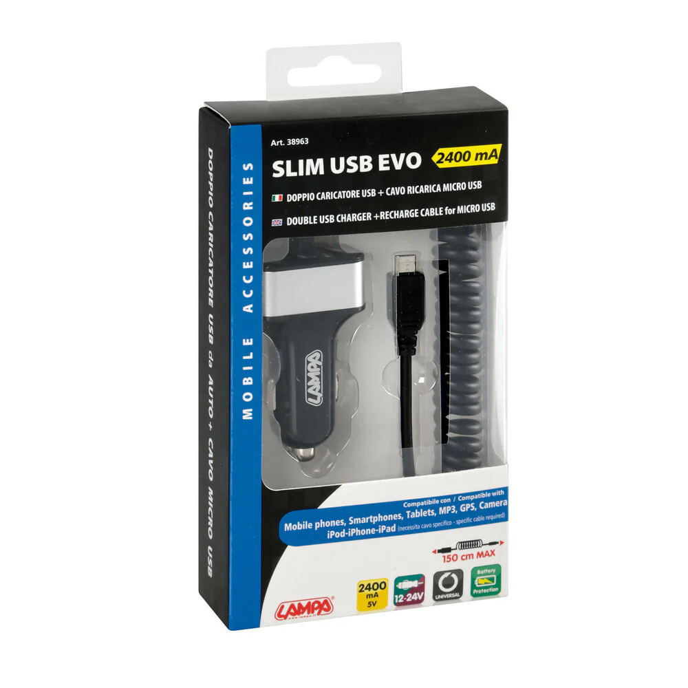 LAMPA DOPPIO CARICATORE USB + CAVO RICARICA MICRO USBSLIM USB EVO