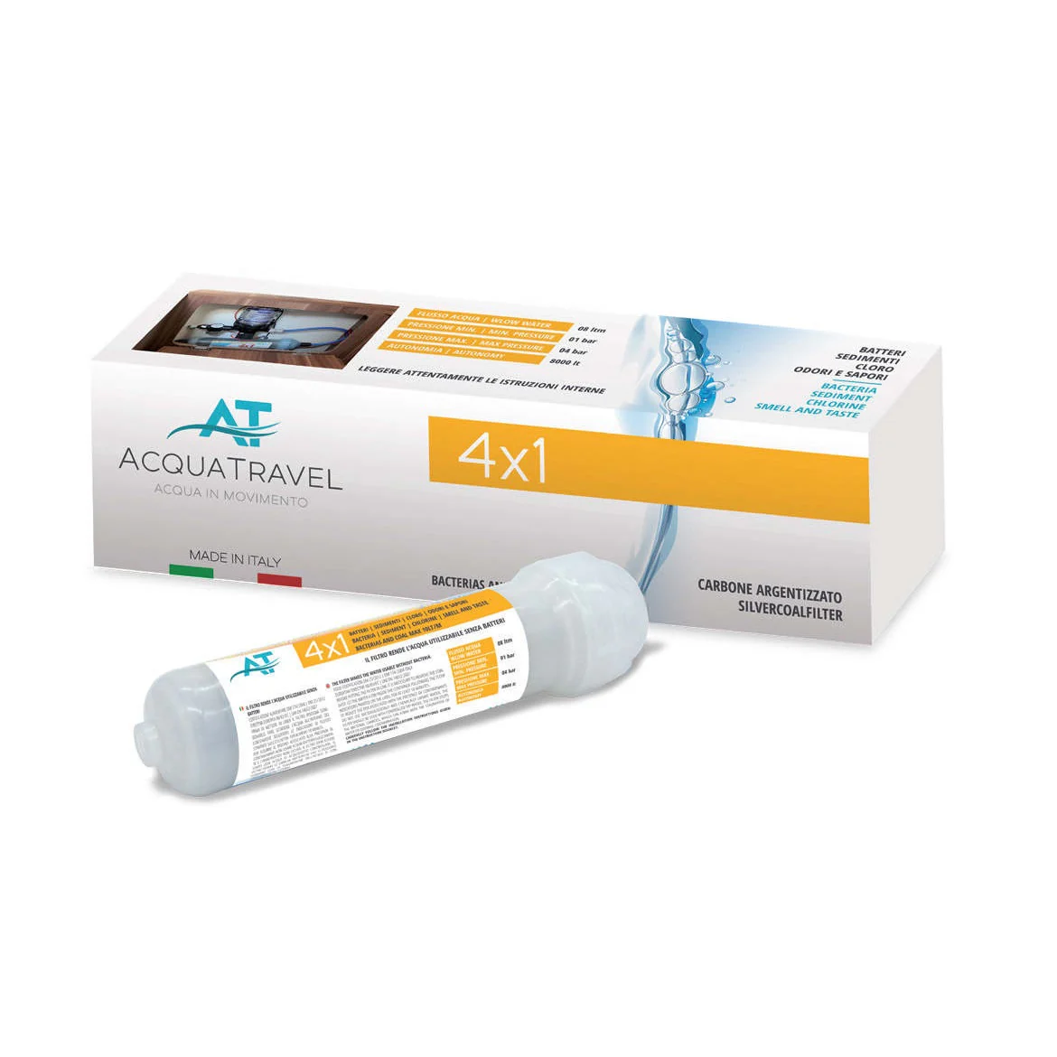 ACQUATRAVEL FILTRO AI CARBONI ATTIVI 4X1 - UN SOLO FILTRO PER ELIMINARE 4 GROSSI PROBLEMI DEL TRATTAMENTO ACQUA NEI CAMPER