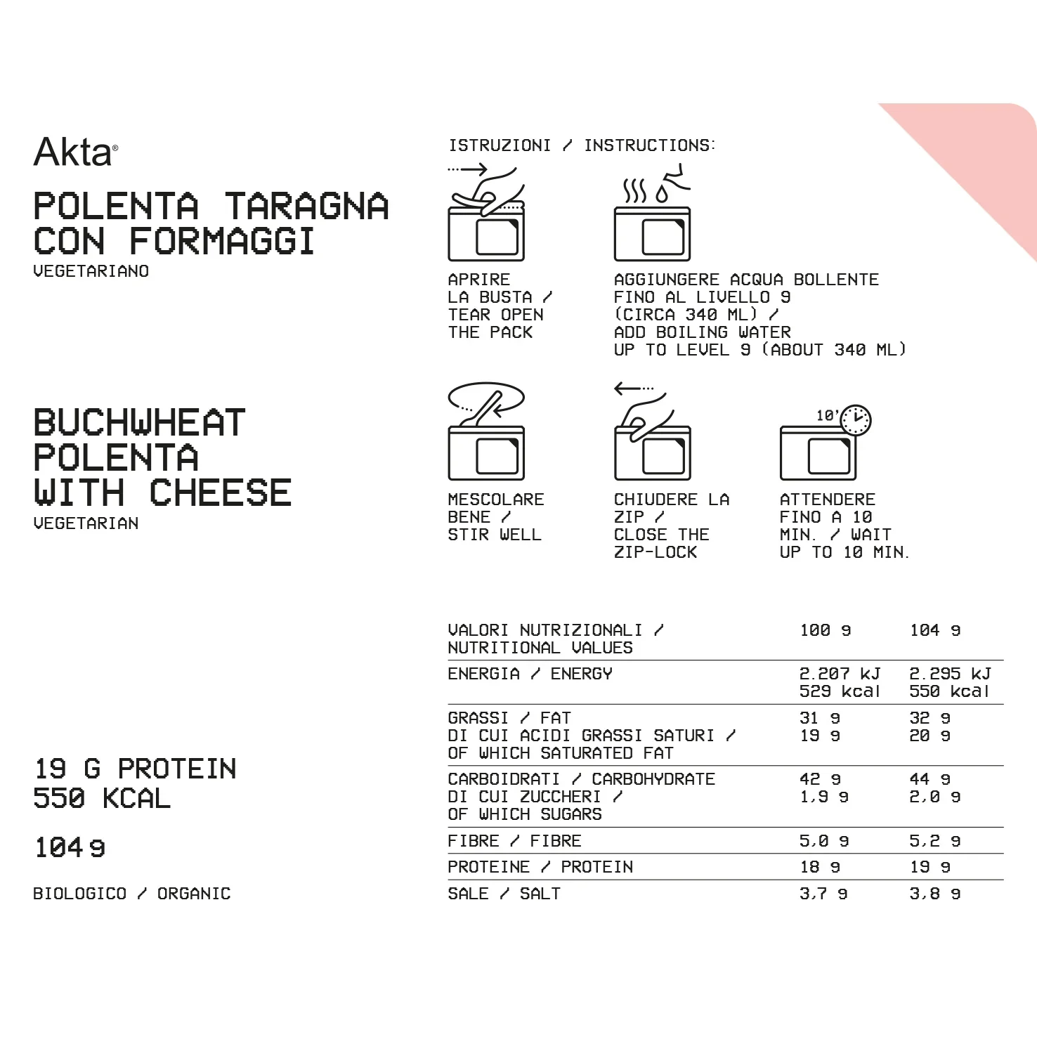 AKTA POLENTA TARAGNA CON FORMAGGI - PASTO LIOFILIZZATO BIOLOGICO 550 kcal - Image 4