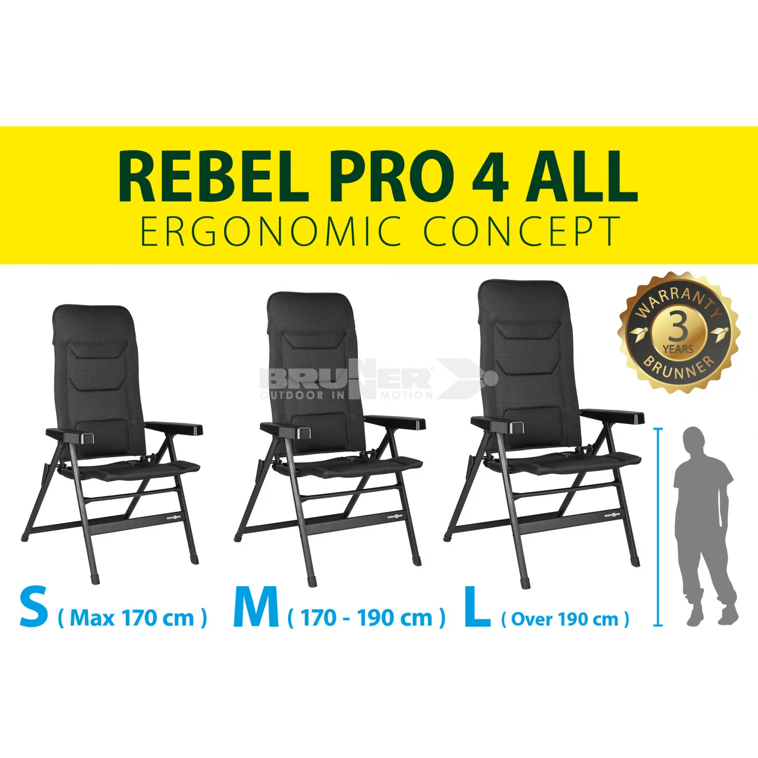 BRUNNER REBEL Comoda sedia pieghevole con schienale reclinabile a 5 posizioni - DISPONIBILE IN 3 MISURE E 2 COLORI