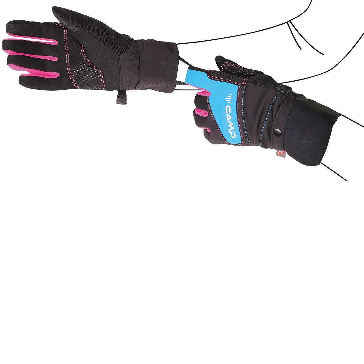 CAMP G COMP WARM LADY GUANTI INVERNALI DONNA DA SCIALPINISMO/SPORT INVERNALI CON SOVRAGUANTO TERMICO A MOFFOLA ISOLANTE E ANTIVENTO - COLORE: NERO/AZZURRO//FUCSIA - Image 6