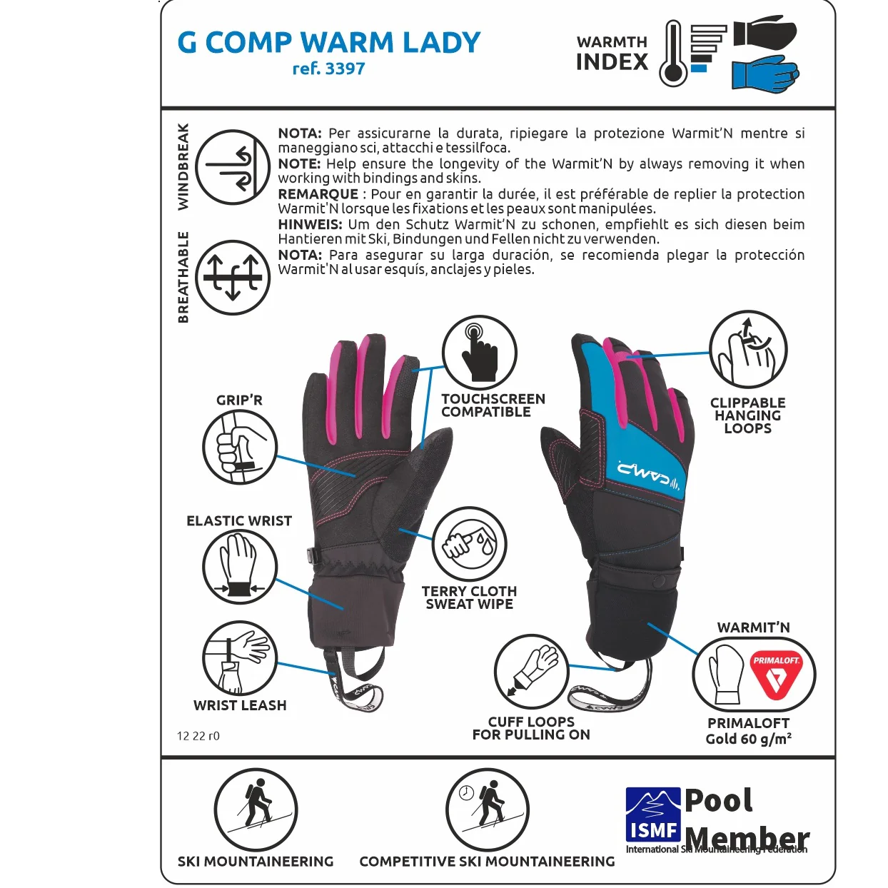 CAMP G COMP WARM LADY GUANTI INVERNALI DONNA DA SCIALPINISMO/SPORT INVERNALI CON SOVRAGUANTO TERMICO A MOFFOLA ISOLANTE E ANTIVENTO - COLORE: NERO/AZZURRO//FUCSIA - Image 9